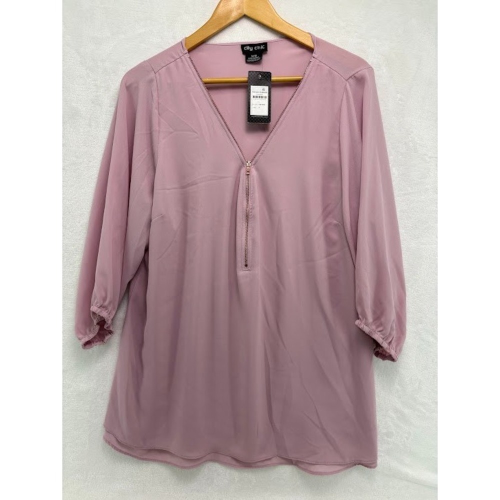 City Chic Women's Sexy Fling Rose Pink‎ Tunic Plus Size 18 V Neck Zip NWT